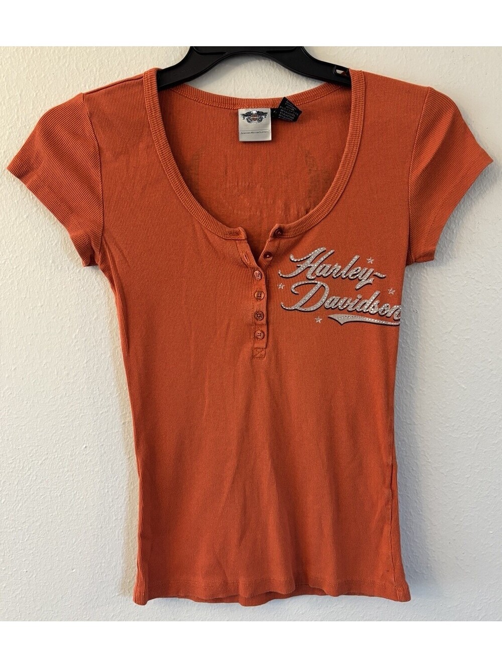 Vintage Harley Davidson USA Ladies Henley Button Rhinestone Orange Shirt Small